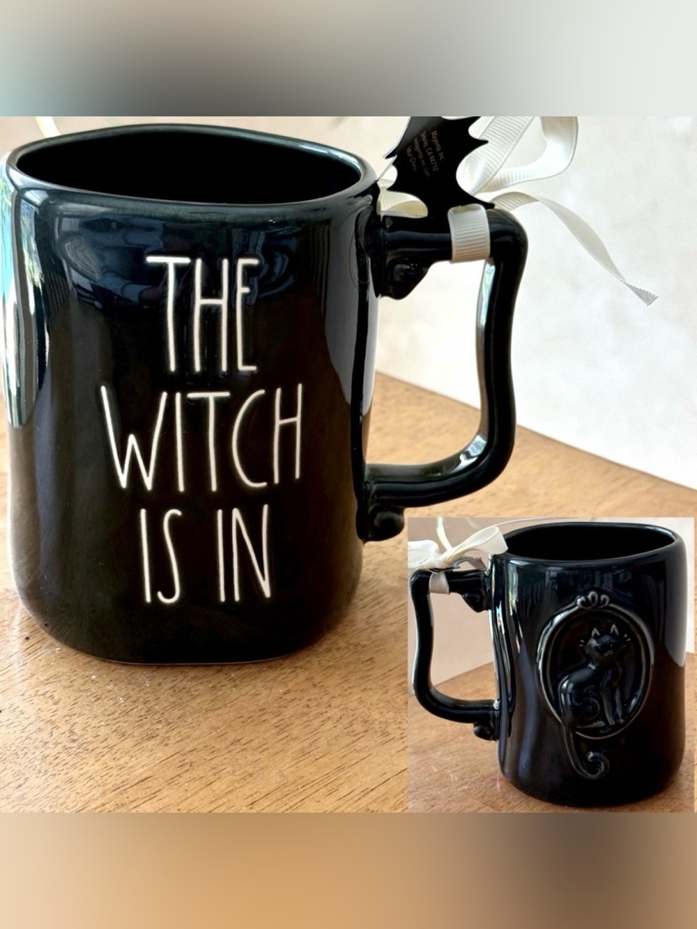 Rae Dunn Halloween THE WITCH IS IN and Black Cat Double Sided Mug NEW!